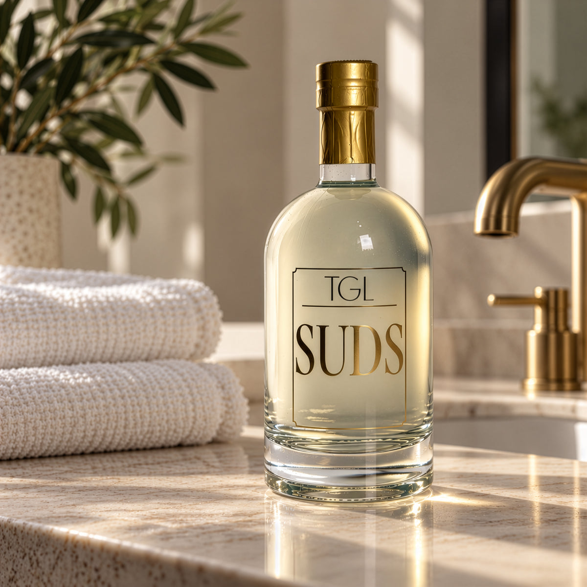 TGL SUDS foaming hand soap 18 oz glass bottle with gold foil top on a marble bathroom counter