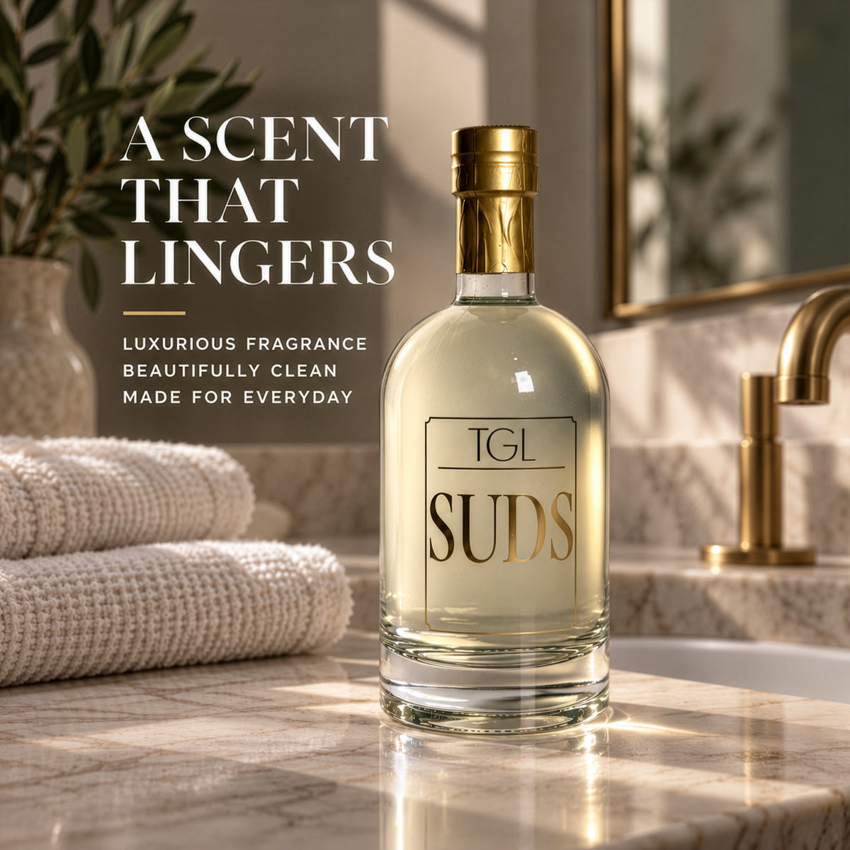 TGL SUDS foaming hand soap bottle on a marble bathroom counter with text A Scent That Lingers