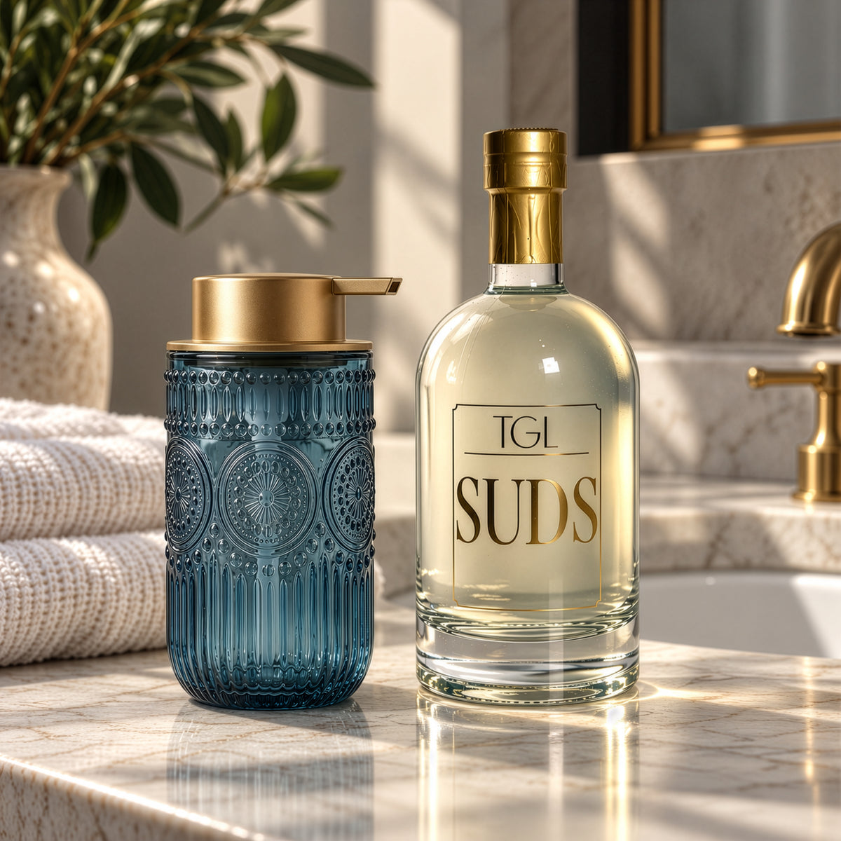 TGL SUDS foaming hand soap bottle beside a blue embossed glass dispenser on a marble bathroom counter
